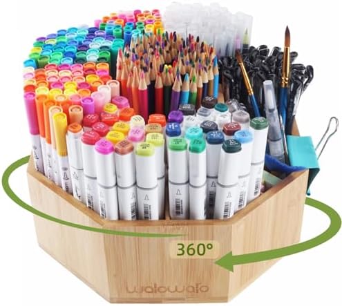 walowalo Bamboo Rotating Art Supply Organizer Caddy Holds 800+ Pencils Spinning Crayon 160 Marker Holder Desk Brush Colored Pencil Storage for Office Classroom Organization Stationary (Larger VER)