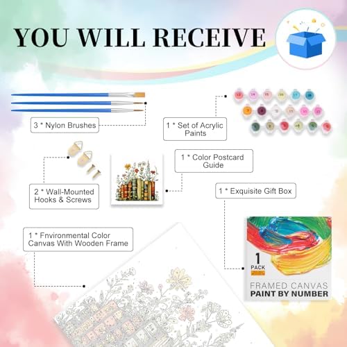 Camocin Framed Paint by Numbers Kit for Adults Beginner - Vintage Books and Wildflowers Paint by Number Canvas with Frame, Cottagecore DIY Acrylic Painting Kit for Book Lovers Home Decor 12x12 Inch