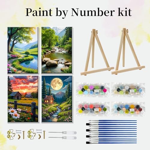 JOOZ 4 Pack Paint by Numbers Kit for Adults with Frame Mountain Landscape Paint by Number with Easel DIY Forest Adult Paint by Number Kits Moon Lake Oil Painting Kits for Home Wall Decor 8x12 Inch