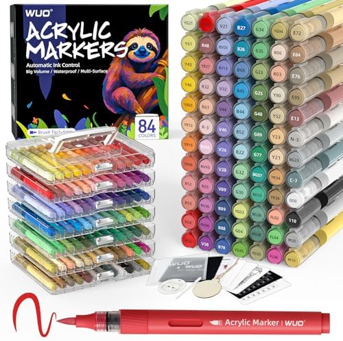 WUO 84 Colors Acrylic Paint Markers Brush Tip with Automatic Ink Control