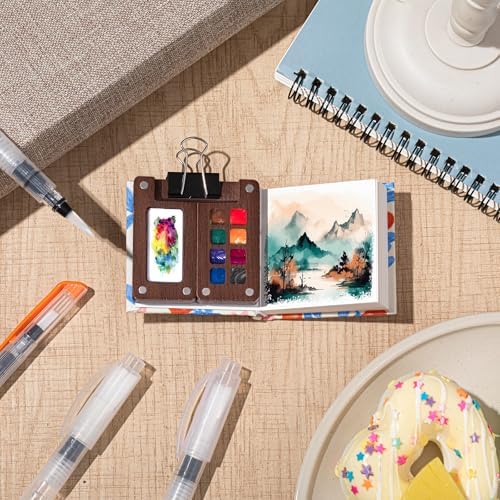 Qilery Mini Portable Watercolor Palette Set Wooden Grid Paint Box Watercolor Paper Sketch Book Brush Pens with Binder Clip for Painters Artist Not Include Paint(Azalea)