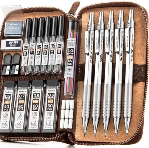 Nicpro 20PCS Metal Mechanical Pencil Set in Leather Case