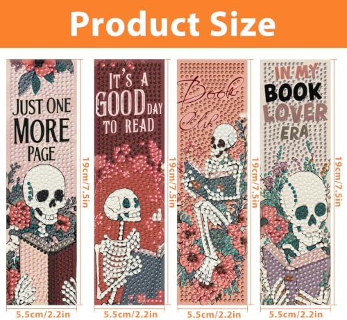 Mandun 4 Pcs Skull Diamond Painting Bookmark Kits, Special Shaped Diamond Art Bookmarks with Pendant, DIY Book Diamond Art Bookmarks with Tassels Crafts Gifts Supplies