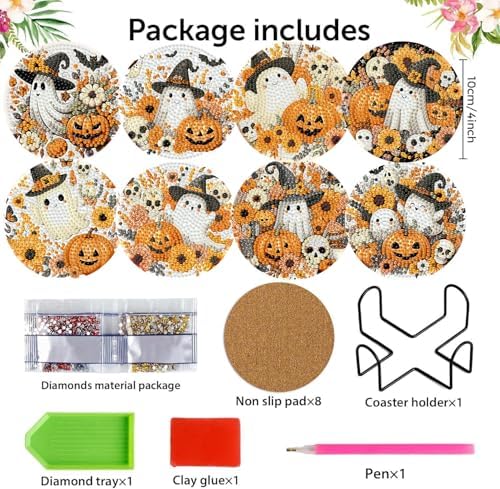 8 Pack Halloween Diamond Art Coasters,Ghost Diamond Painting Coasters Kits