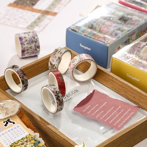 Floral Washi Tape Set - 15 Rolls Flowers Arts Adhesive Tapes Garden Blooms Decorative Masking Tape Sets for Craft, Kids, Scrapbook, DIY, Gift Wrloapping (4-Rose Charm)