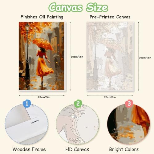 Spandrel Autumn Lady Framed Paint by Numbers Kit for Adult, Adult Paint by Number Kits on Canvas Street Scene, DIY Acrylic Oil Thanksgiving Painting by Numbers for Home Wall Decor, 8x12in