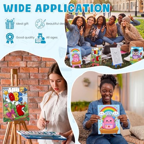 Blosssound 10 Set Back to School Pre Printed Canvas Pre Drawn Canvas Painting with Easel Kits 5" x 7" Outline Painting Panels for Beginners, DIY Craft Project, Party Favor, Home Decors