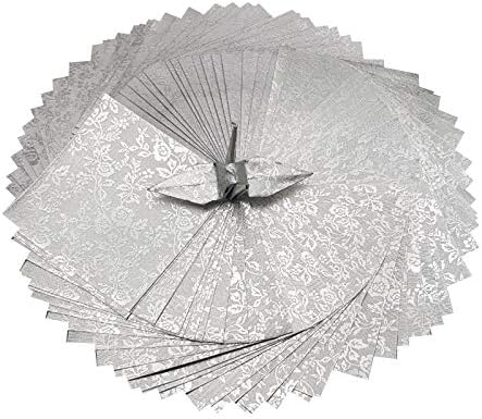 100 Origami Paper Sheets Paper Pack Silver Foil Flower Pattern 3x3 inches for Folding, paper craft, Origami cranes, Origami Decoration, Scrapbook