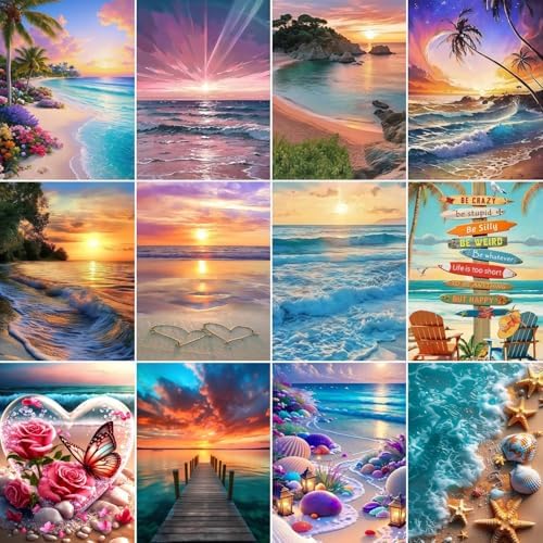 Acelii 12 Pack Summer Beach 5D Diamond Painting Kits, Full Drill Ocean Theme 5D Diamond Art Kits for Adults, Colorful Coastal gem Art Kits, Art Painting Set for Beach Home Wall Decor 9.8x13.8 Inch