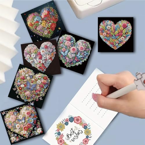 Diamond Art Cards with Envelopes–6PCS DIY Diamond Painting Greeting Cards Kit | Card Making Kit with Bling for Adults & Beginners | Birthday,Holiday & Thank You Cards (Heart Flower)