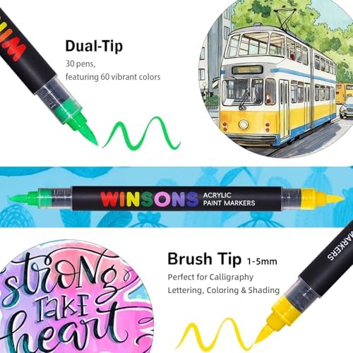 WINSONS 60 Colors Dual Tip Art Markers Set, Auto Ink-Flow Markers for Drawing, Illustration, Manga Coloring, Sketching Coloring Books