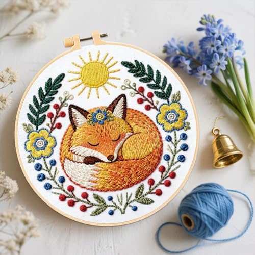 FREEBLOSS 4 Pack Embroidery Kit for Beginners Folk Art Stamped Embroidery Starter Kit with Instruction Cross Stitch Needlepoint Kits for Crafts Adults with 2 Hoops 20cm/7.9inch