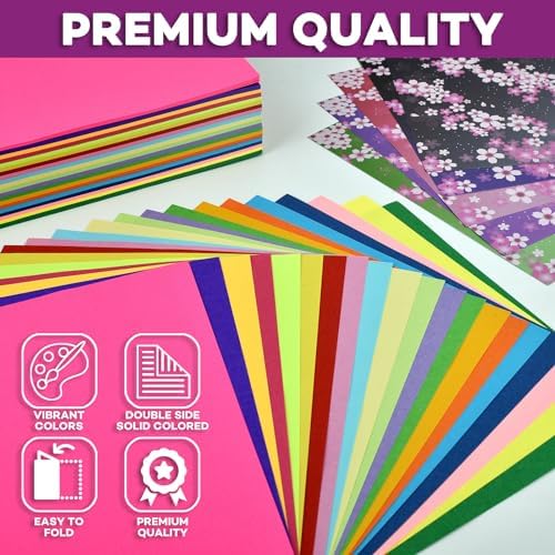 Pinwheel Crafts Origami Kit for Kids Ages 5-12 with 450 Sheets, 50 Projects | 400 solid color sheets in 20 colors, 50 Japanese pattern sheets, 50 projects, guide book, 6x6 inch double sided
