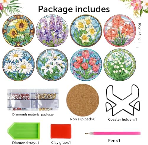 Diamond Art Coasters Kit, 8 Pieces Sunflowers Diamond Painting Coasters Kit