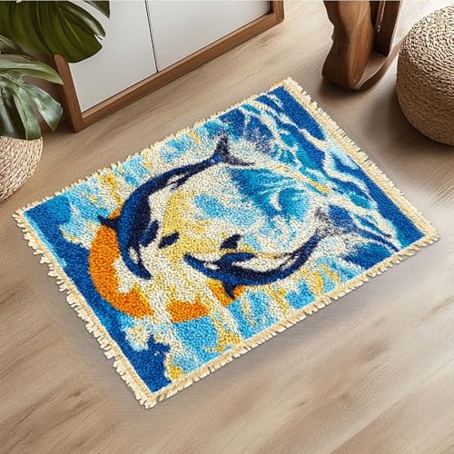 Latch Hook Rug Kit Modern Black and White Geometric Border Pre-Printed Handmade Carpet Crochet Yarn Craft DIY Hook and Latch Door Mat Tapestry for Home Floor Decoration 52x38cm-2