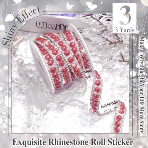 3 Yards Pearl Rhinestone Roll Sticker Red Pearl Wrap Self Adhesive