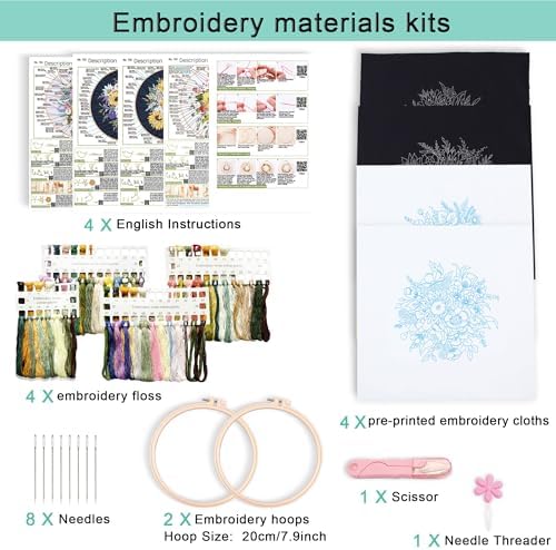 Harimau Adult Beginner Embroidery Starter Kit, Complete Set with 4 Patterns, 2 Hoops, Needles, Scissors, Instruction Guide & Stitching Video Tutorials