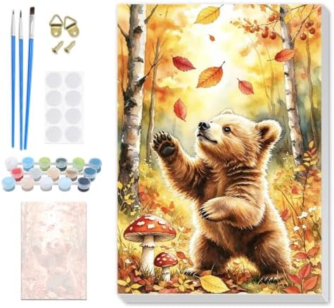 SENQAO Bear Paint by Numbers Kit for Adults Beginner, Fall Forest Adult Paint by Number Kits on Canvas, DIY Acrylic Oil Easy Painting by Numbers for Home Wall Decor 8X12 inch