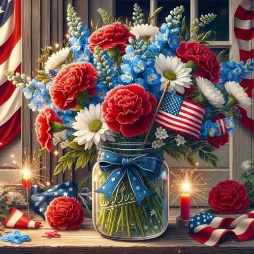 wavaiov 5D Diamond Painting Kits for Adults Beginners, American Flag Flower Full Round Drill Diamond Art Kits, Independence Day Gem Art Paint by Diamonds Dots Crafts Kits for Home Decor 12x12Inch