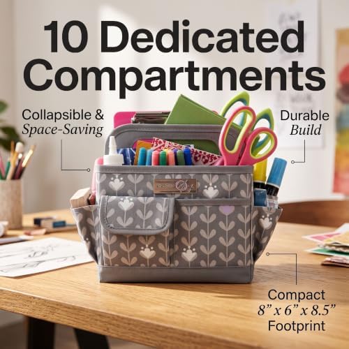 Everything Mary Desktop Tote Organizer – Purple & Grey Floral Craft Caddy – Storage Bag for Art Supplies, Sewing, Scrapbooking & DIY Tools – Portable Craft Organization