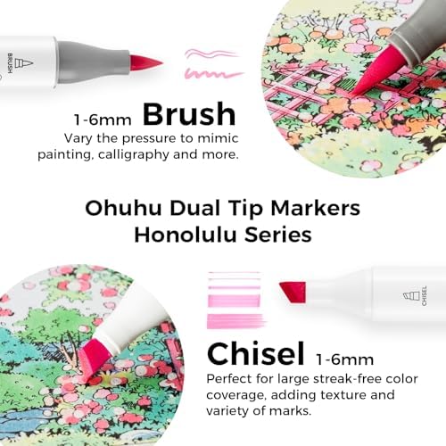 Ohuhu Pastel Alcohol Brush Markers- 48 Colors of Honolulu Sweetness - AP Certificated -Alcohol Based Double Tipped Art Marker Set for Artist Adults Coloring Illustration- Brush & Chisel - Refillable