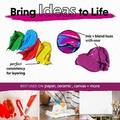 Crafts 4 All Acrylic Paint Set - Art Paints for Canvas, Model Painting, Wood, Ceramics and Fabric - Craft Supplies with 3 Artist Brushes for Adults & Kids﻿, 12 Pack, 12mL