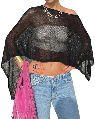 Nicoxijia Women Y2K Sheer Knit Poncho Top Lightweight Summer Beach Knit Shrug Shawl Bolero Off Shoulder Mesh Sweater Cover Up