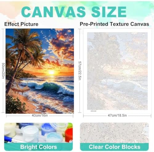 Beach Paint by Numbers Kit for Adults, DIY Oil Painting Canvas 16x20inch