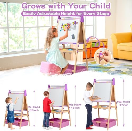 Purple Kids Art Easel Set, Wooden 3-in-1 Magnetic Whiteboard & Chalkboard