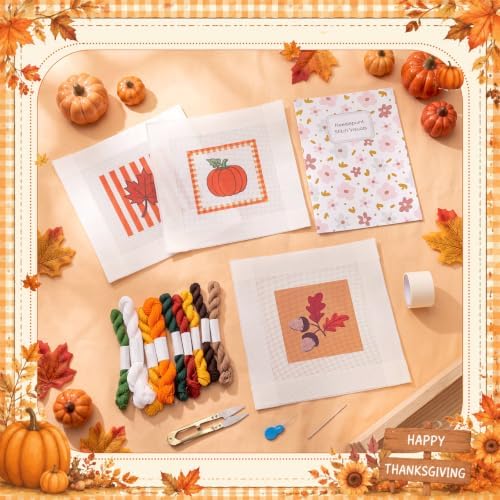 Irenare 3 Sets Fall Needlepoint Kit for Beginners Embroidery Cross Stitch Kit for Adults Pre-Pumpkin Acorn Maple Leaf Printed Canvas with Thread Needle Instruction Tape Scissors for DIY Crafts Gift