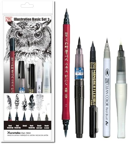 Kuretake Zig Inktober pen set, for Illustration, Manga Drawing, Lettering and Calligraphy, Professional Artist, Made in Japan (Basic No.3(5pcs.))