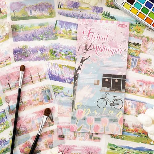 Sakura Series Sticker Scrapbooking Supplies for Junk Journal, 10 Sheets PET Stickers and 10 Sheets Washi Stickers