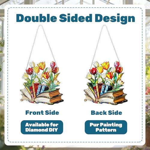 CRZMODE Tulip Diamond Art Hanging Kit for Adults, Book Pendant Diamonds Painting Art Kit, Special Crystal Diamond Art Painting Pendant Ornament, Craft Gift for Women Home Window Decor
