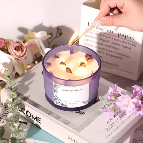 6 Pack Glass Candle Jars with Lids (16oz, Frosted Purple) - Large Candle Jars for 3 Wick Candles Making - Empty Candle Jars Containers - Candle Making Accessories include 16Pcs Candle Labels