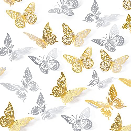 SAOROPEB 3D Butterfly Wall Decor 48 Pcs 4 Styles 3 Sizes, Butterfly Birthday Decorations Party Decorations Cake Decorations Wedding Decor, Removable Stickers (Gold, Silver) | 4 Styles 3 Sizes, Party Decorations Birthday Cake Decorations Wedding Decor, ...