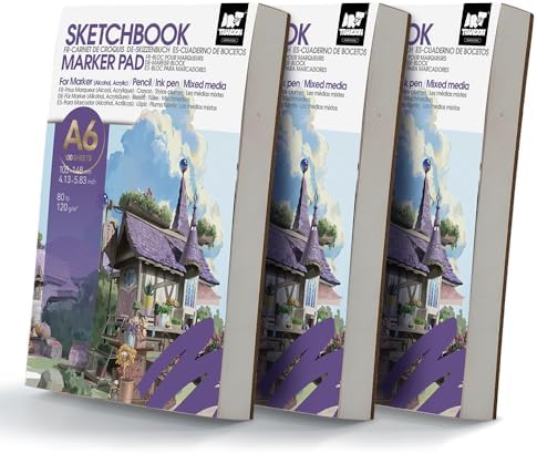 TRANSON 3 Pack A6 Mini Sketchbook Marker Pad, 80lb/120gsm Heavyweight Art Paper, No Bleed Through, 100 Sheets/200 Pages 4.13"x5.83" for Drawing & Sketching