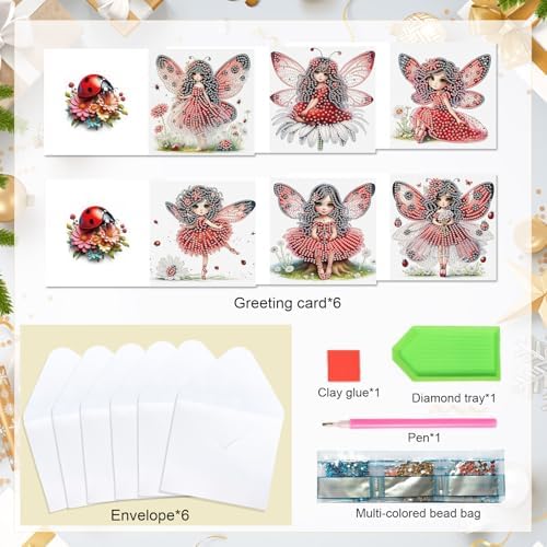 LazyFold 6 Pcs Diamond Art Painting Greeting Cards Kits, Red Fairy Handmade Festival Greeting Cards with Envelopes Diamond Art Crafts Birthday Cards Creative Gift