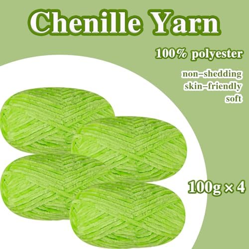 4 PCS 400g Soft Chenille Velvet Yarn for Crocheting,Fluffy Warm Yarn for Knitting and Crochet DIY Craft Blanket Bag Hat Scarve Clothe Gloves Slippers Doll（Bright Green）