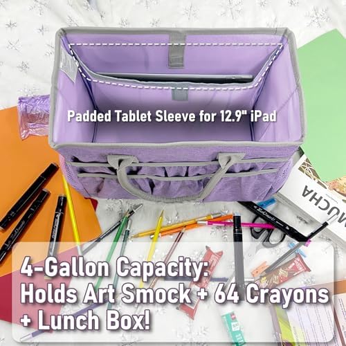 Cupohus Water-Resistant Art Organizer Tote Bag - Craft Storage Bag with Multiple Pockets and Handles for Artists, Kids, Students, and More – Lilac