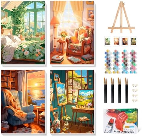 Camocin 4 Pack Framed Paint by Numbers Kit for Adults with Wooden Easel | Cozy Room Artwork, Cottage Reading Nook Decor, DIY Canvas Painting Set, Bedroom Wall Decor, Beginner Friendly, 8x12 Inch
