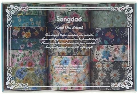 Floral Washi Tape Set - 15 Rolls Flowers Arts Adhesive Tapes Garden Blooms Decorative Masking Tape Sets for Craft, Kids, Scrapbook, DIY, Gift Wrloapping (1-Spring Meadow)