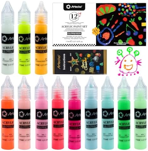 Artecho Glow in the Dark Acrylic Paint Set – 12 Colors x 11ml (0.37oz) | Non-Toxic Waterproof Art Supplies for Canvas Rock Wood Fabric – Rich Pigment Craft Paint for Adults & Hobbyists