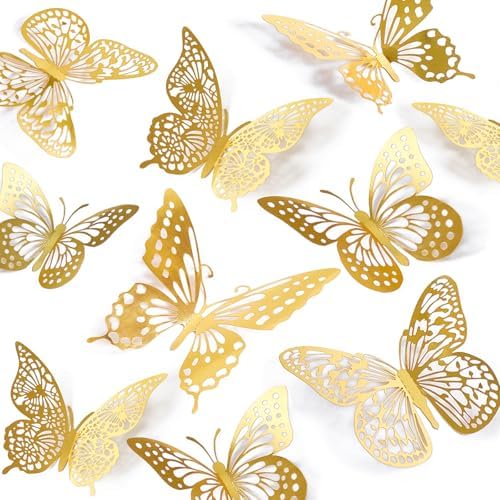 SAOROPEB 3D Butterfly Wall Decor 48 Pcs Gold Butterfly Birthday Decorations | 4 Styles 3 Sizes, for Butterfly Birthday Decorations Butterfly Party Decorations Cake Decorations, Removable Stickers