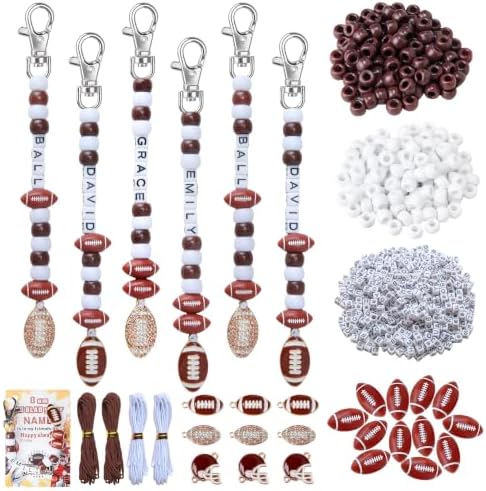 Tuhangcc 501 Pcs Football DIY Keychain Making Kit, Adjustable Letter Alphabet Beads Strings, 12 Charm 16 Cards with Lobster Clasps & Strings for Sport Theme Party Favor Gift (Football)