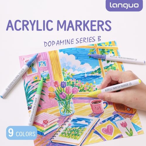 languo Acrylic Paint Markers, 9 Colors Dopamine Series B, Soft Brush Tip