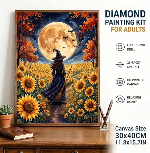 Witch Diamond Art Kits for Adults, Autumn Sunflower Diamond Painting