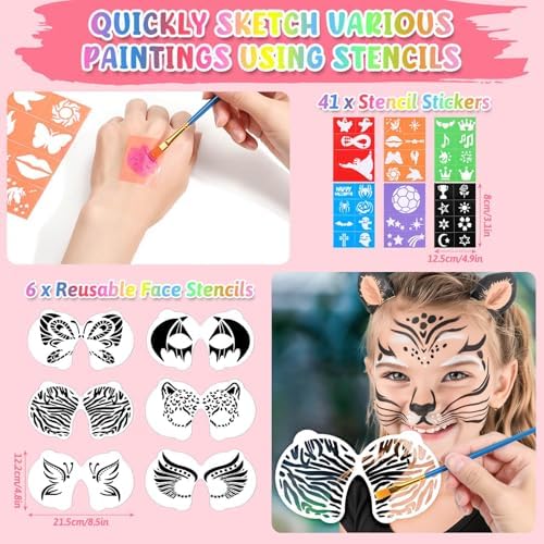 Professional Face Painting Kit, 26 Colors Oil Palette Face Paint with 6 Stencils, 41 Stencil Stickers, 10 Brushes, 9 Body Glitter, 2 Sheets Adhesive Gems, Rainbow Facepaint for Party & Halloween