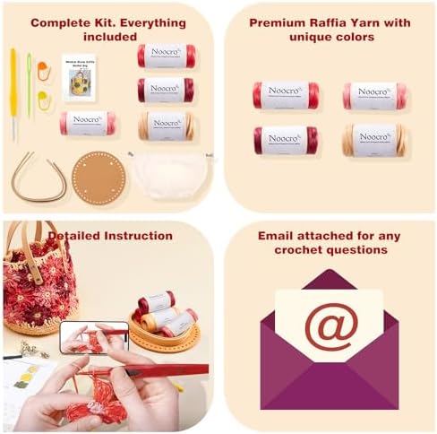 Noocro Crochet Kit for Intermediate or Advanced Level, Floral Raffia Bucket Bag, Purse, Step by Step Video Tutorial, Detailed Instruction Complete Kit Craft Supplies Holiday Gift (Rosy Bloom)
