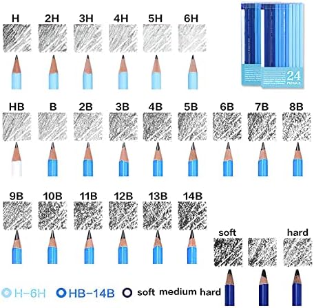 YYMIYU 24 Drawing Pencils Set, Art Sketching Pencils Charcoal Set 14B,12B,11B,10B,9B,8B,7B,6B,5B,4B,3B,2B,B,HB,H,2H,3H,4H,5H,6H,& Soft Neutral Hard Charcoal Pencils