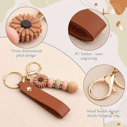 Starry 12/24PCS Daisy PU Leather Beadable Keychain Blanks Bulk Laser Engraving Blanks Keychain Kit Bag Purse Key Rings DIY